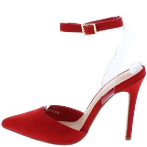 Red Pointed Toe Lucite Ankle Strap Stiletto Heel